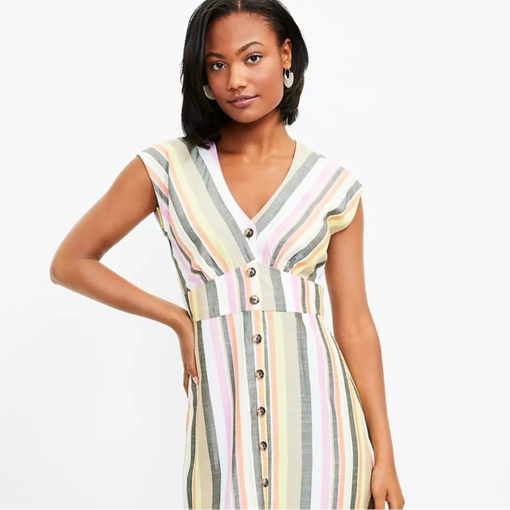 Loft, Petite Dress 4P, Linen White Yellow Pink Orange V-neck Sleeveless NWT
